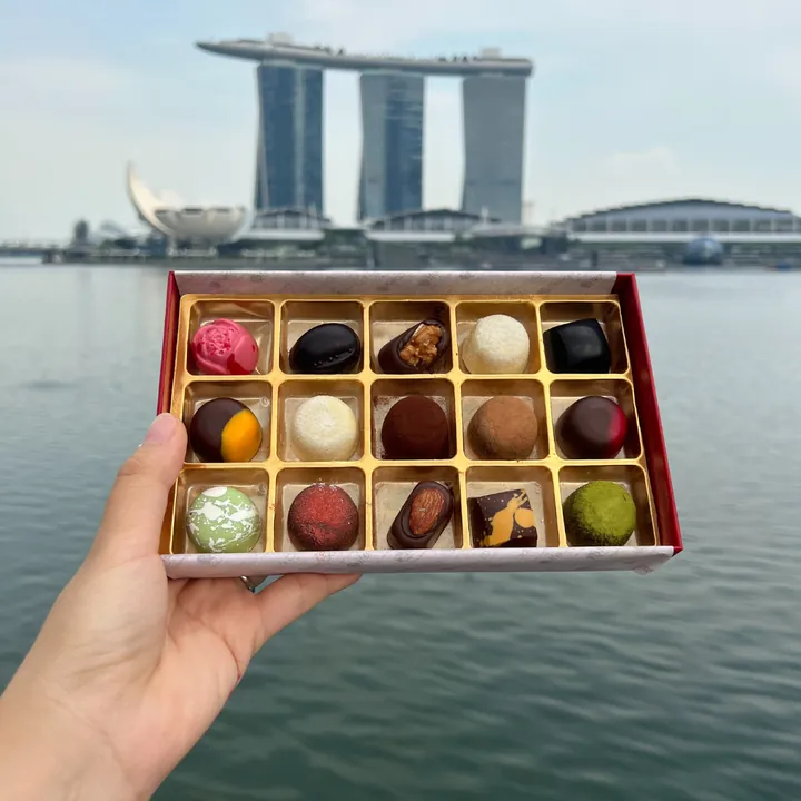 A CHOCOELF gift box of pralines held up at Marina Bay